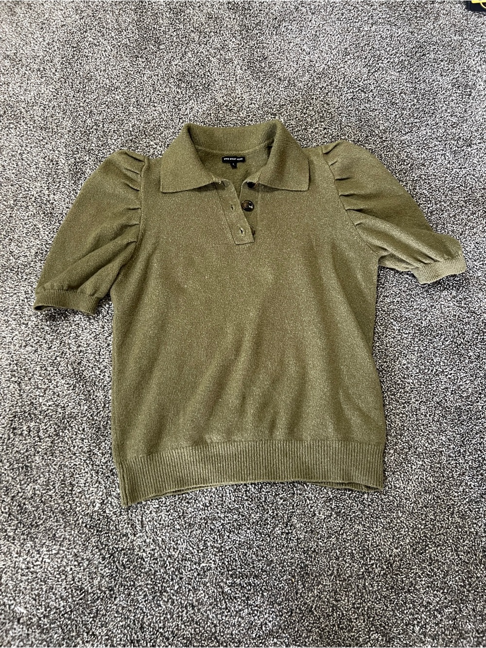 Who What Wear Olive Green Puff Sleeve Polo Knit Top